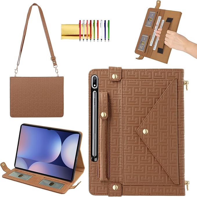 Handbag Case for Samsung Galaxy Tab S10 FE/S9 FE 10.9/S9/S8/S7 11 Techcircle Folio Stand Crossbody Wallet Protective Cover with S Pen Holder &amp Card Slots Hand Strap &amp Shoulder Strap Black