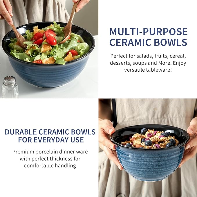 HASENSE Mixing Bowls, Ceramic Serving Bowls Set for Cooking, Baking, Prepping, Large Nesting Bowls for Salads, Fruit, Popcorn, 2.1/1.5/1.0 Qt, Dishwasher & Microwave Safe, Blue