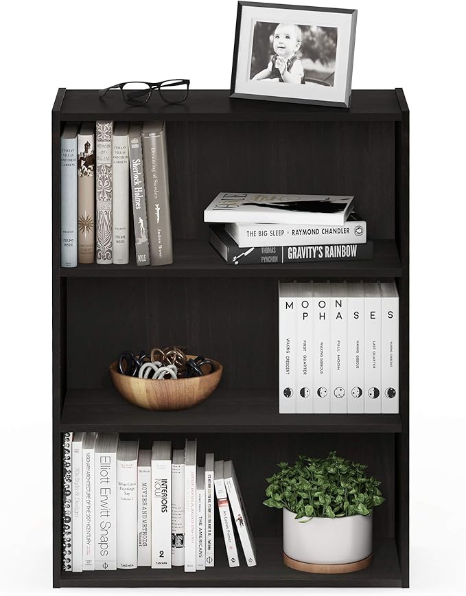 Furinno PASIR Book Shelf, 3-Tier Bookshelf, Bookcase, 9.7" x 23.7" x 31.5", for Living Room, Bedroom, Home Office, Blackwood