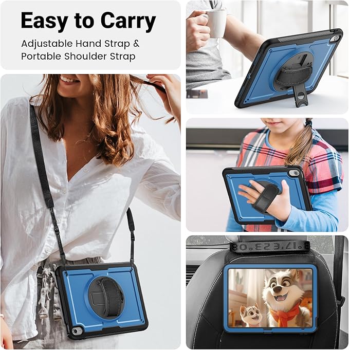 SCSVPN Case for iPad A16 11th Generation 11 Inch 2025/10th Gen 10.9'' 2022, Slim Hard Shockproof Protective Case with Screen Protector, Pencil Holder, Rotating Stand, Hand/Shoulder Strap - Navy Blue