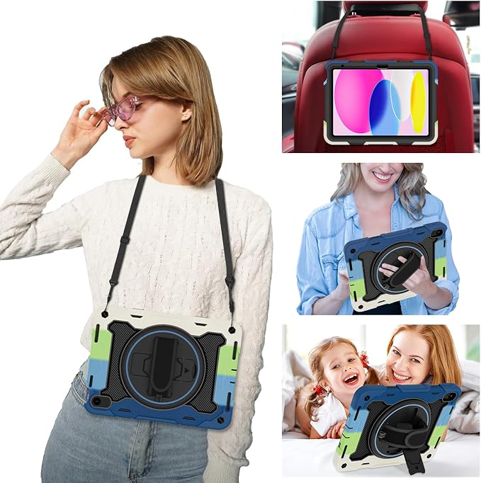 for iPad 9th 8th 7th Gen Case 10.2 inch with Screen Protector | 360° Rotating Kickstand Hand Strap Shoulder Strap Heavy Duty Military Grade - Kids Friendly