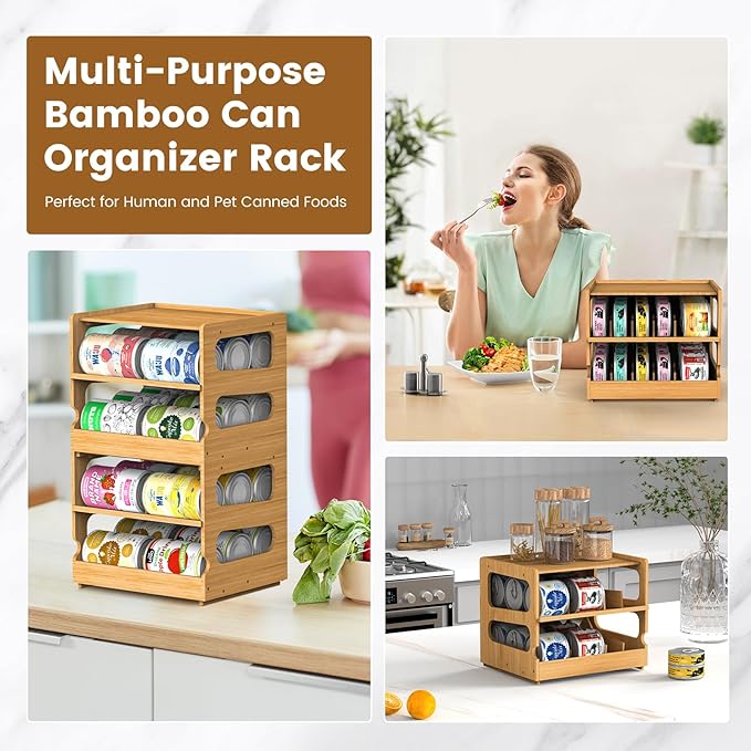 Stackable Bamboo Cat Food Can Organizer, Cat Canned Food Organizer Storage