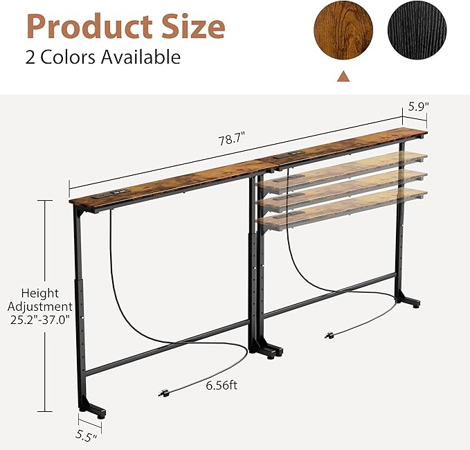 GRLEAF 2 Pack Adjustable Height Narrow Console Table with Power Outlets, 78.7" Long Sofa Table with Charging Station Behind Couch Table Entryway Table for Living Room and Hallway – Rustic Brown