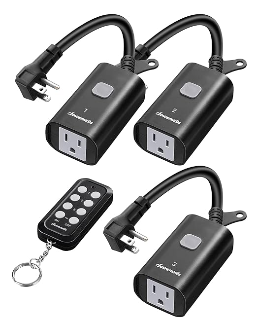 DEWENWILS Outdoor Remote Control Outlet, 15A Wireless Remote Control Switch, 100FT Control Range & 14AWG SJTW Power Cord, Weatherproof for Outdoor Appliances, 1 Remote Control+3 Outlets