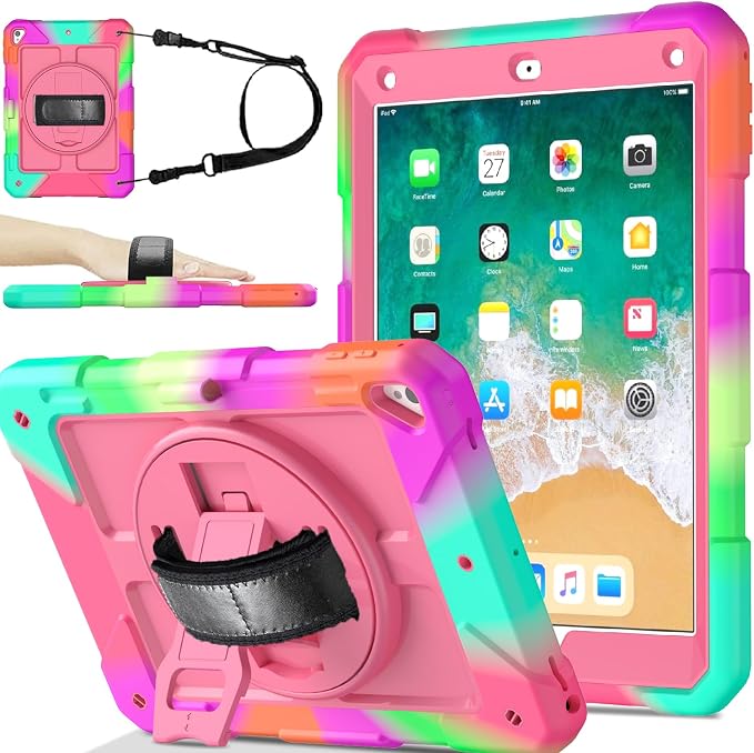 BMOUO Case for iPad 6th/5th Generation Case (9.7 inch 2018/2017) 360°Rotating Stand Hand/Shoulder Strap Shockproof iPad 9.7” Case for iPad Air 2 Black
