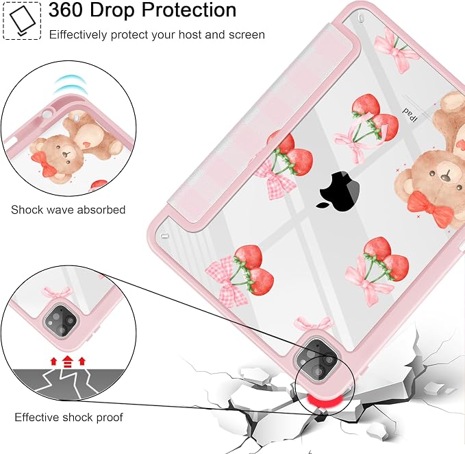 Case for iPad 12.9 Inch (6th/5th/4th/3rd Generation 2022/2021/2020/2018) Pencel Holder + Trifold Support Auto Sleep/Wake Transparent Shockproof Back Cover Abstract Floral SD163