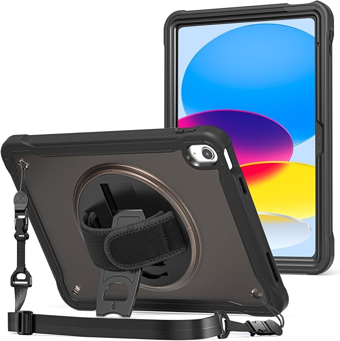 ProCase Rugged Case for iPad A16 11th Gen 2025/iPad 10th Gen 2022 -Black | Heavy Duty Shockproof Rugged Kids Cover with Hand Strap 360 Degree Rotatable Kickstand Protective for iPad 11/10