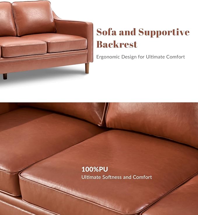 Kingfun Living Room Furniture Sets, 3 Seater Couch, Armchair and Loveseat, Mid Century Modern Sofa Set, Faux Leather Couch with Solid Wood Frame for Living Room & Bedroom, Dark Brown