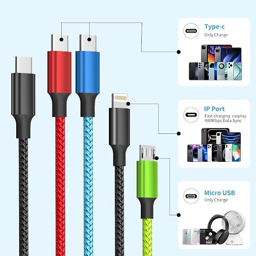 4 in 1 Multi Charging Cable 2 Pack 6FT Charging Cords for Devices | Nylon Braided USB C Car Charger Cable with Dual USB-C IP &amp Micro Ports Long Travel Charging Cord for Cars