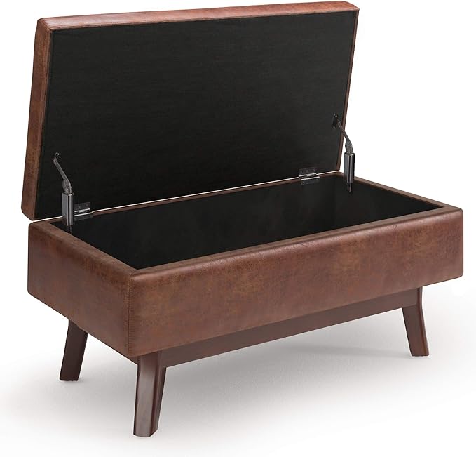 SIMPLIHOME Owen Small Rectangular Storage Ottoman - 36 inch Wide Upholstered Vegan Leather Lift-Top Ottoman in Distressed Saddle Brown, Mid-Century Modern Ottoman for Living Room with Tufted Detail