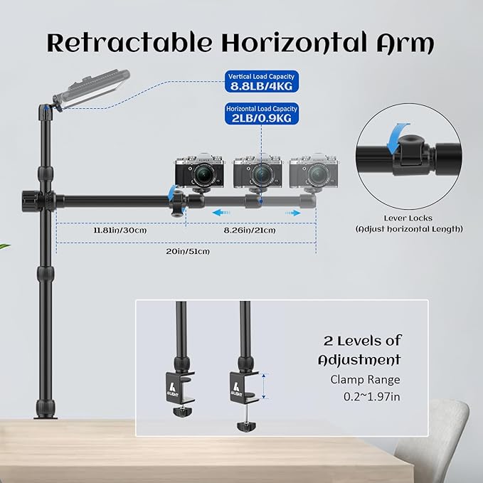 Ailight Overhead Camera Mount Desk Stand, 15.75"-33.45" Webcam Mount with 2-Section Adjustable Telescopic Boom Arm, C Clamp/Swiveling Ball Head for DSLR Camera, Phone Clip, Ring Light, Webcam