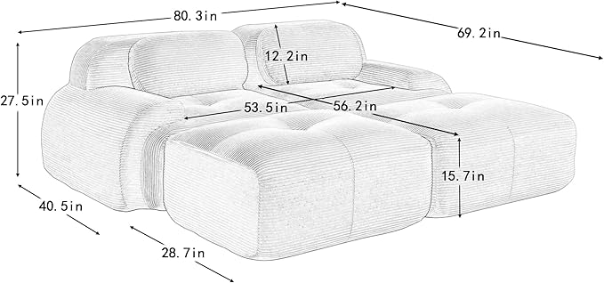 80" Modern Compressed Boneless Love Seat Couches with 2 Ottomans, 2 Seater Large Sectional Couches for Living Room, Green Corduroy Cloud Modular Sectional Sofa, Memory Foam, Deep Loveseat, No Assembly