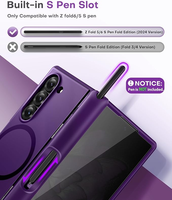 BERFY Magnetic for Samsung Galaxy Z Fold 6 Case with Privacy Screen Protector, [Compatible with MagSafe][Anti Spy] Built-in S Pen Holder & Kickstand, Full-Body Shockproof Case for Z Fold 6, Purple