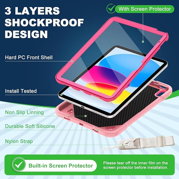 Case for iPad A16 11th / 10th Gen 10.9-Inch 360° Rotating Kickstand | Kids Shockproof Protective Cover with Handle Shoulder Strap &amp Pencil Holder Durable Silicone Case for Girls Black