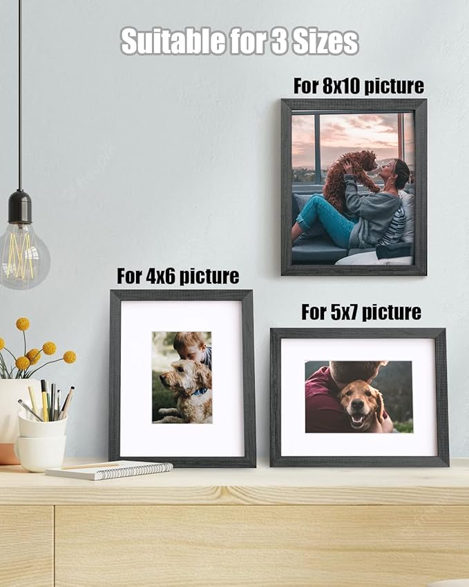 Egofine 8x10 Picture Frame Made of Solid Wood with Plexiglass, Display Pictures 4x6/5x7 with Mat or 8x10 Without Mat for Tabletop and Wall Mounting, Rustic Black