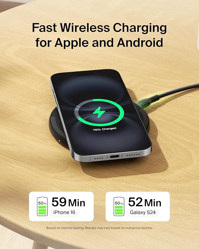 Belkin Wireless Charging Pad 15W - Qi Charger, Charging Station for Apple iPhone 17, iPhone 16/15/14 Series, AirPods, Samsung Galaxy S25, Galaxy S24, Pixel - 5ft Cable Included - Black, 2-Pack