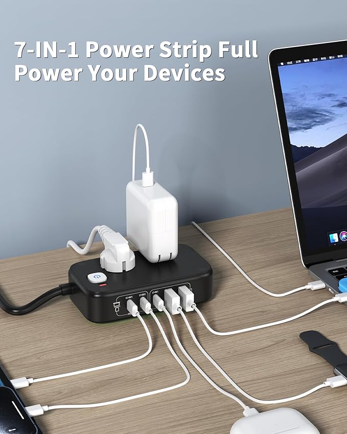 KWRNVO 7-in-1 Power Strip, 85W PD USB C Power Strip with 3 USB-C, 2 USB-A Ports and 2500W AC Outlet, Flat Plug Essentials for Home/Office/College/Travel (Black)