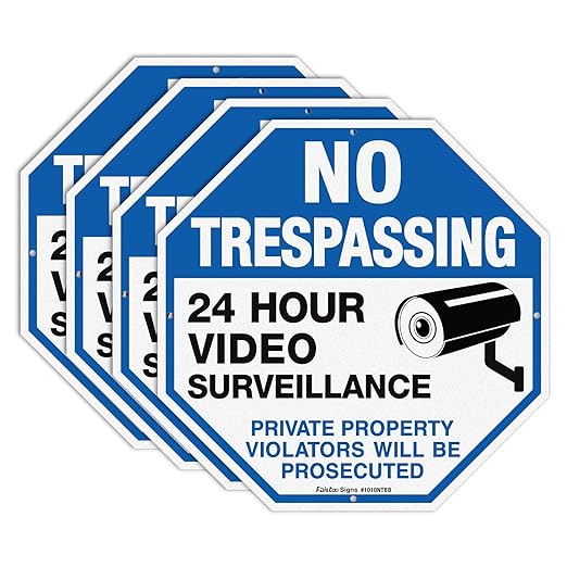4-Pack No Trespassing Sign Private Property Protected By Video Surveillance Violators Will Be Prosecuted Sign, 10 x 10 Inch Reflective Aluminum, UV Protected, Weather/Fade Resistant, Easy to Install