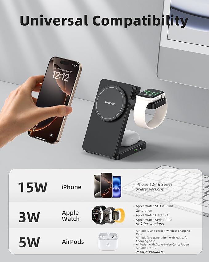 3 in 1 Charging Station for iPhone 16 15 14 13 12 Series, Wireless Charger for Apple Watch，Travel Magnetic Charging Stand for AirPods (Black)