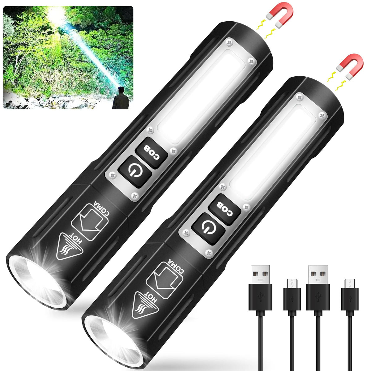 Small LED Rechargeable Magnetic Flashlights 20000 High Lumens - Super Bright Long Beam Pocket Powerful Flashlight 8 Modes with COB Work Light, Dual Button Tactical Flashlight for Camping Emergency
