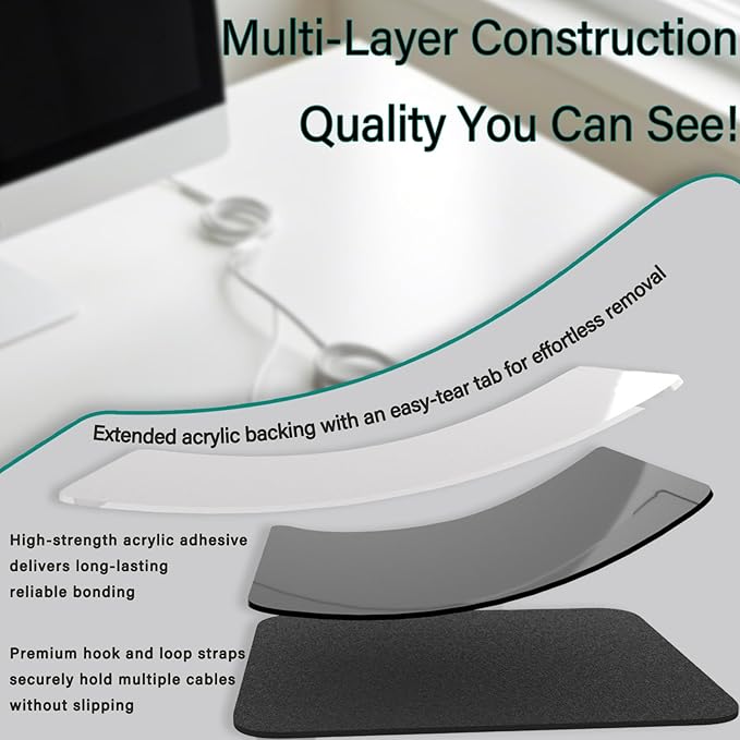 Under Desk Cable Management, Adjustable Hook and Loop Cord Ties, Reusable Wire Organizer, Low-Profile Cable Hider for Cord Management System (15)