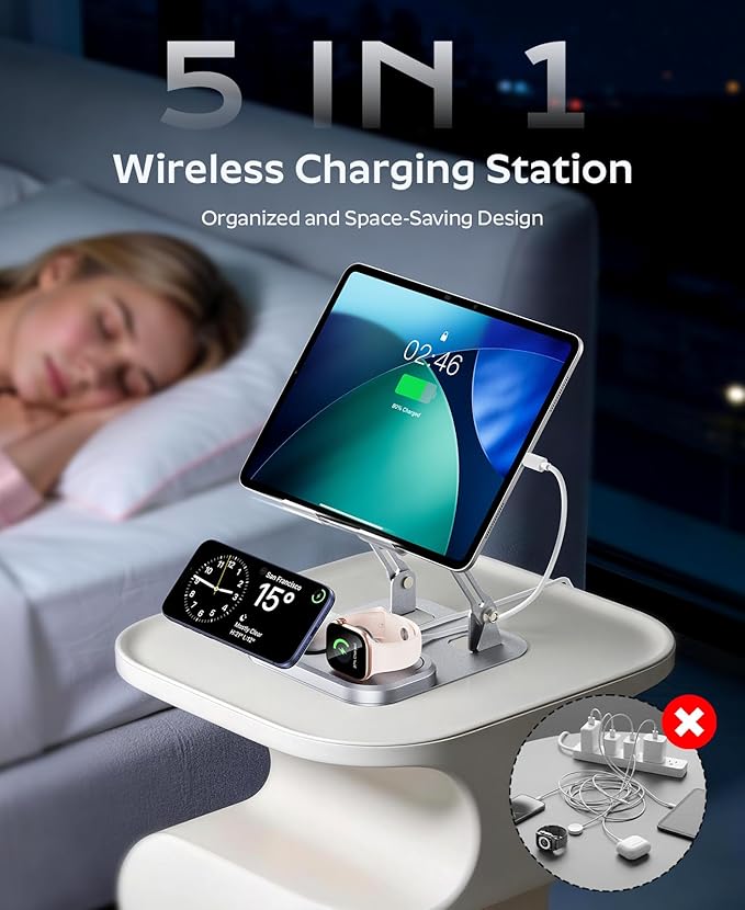 Meifigno 65W 5 in 1 Charging Station for Apple Multiple Devices with 30W Fast Wired Charging Stand for iPad/Tab Foldable Wireless Charger Design for Magsafe Charger for iPhone 17 16 /iWatch/AirPods