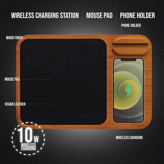Oliver Gray Mousepad with Wireless Charger - 3-in-1 Wooden Wireless Charging Station &amp Phone Holder Premium Vegan Leather Desk Charger Mat for iPhone Android