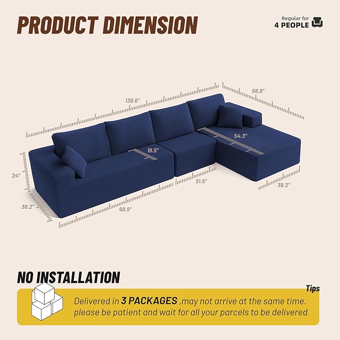 138" Boneless Couch with Deep Seat, Modular Sectional Sofa, Cloud Sectional Couch for Living Room, No Assembly Required, Corduroy, 4 Seater L-Shape Right, Blue