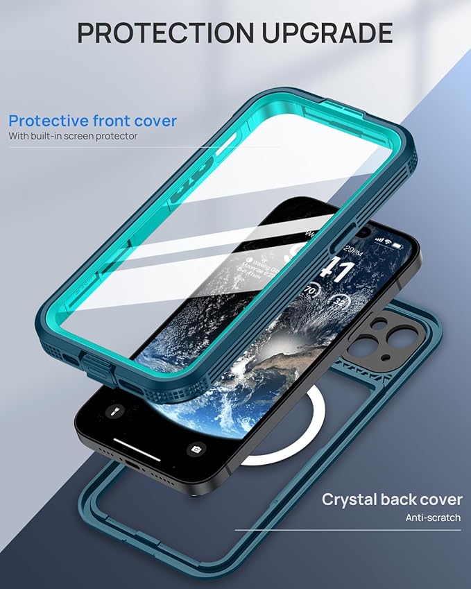 Lanhiem Magnetic for iPhone 15 Case, IP68 Waterproof Dustproof Case, [Compatible with Magsafe] [Built-in Screen Protector] Full Body Heavy Duty Rugged Phone Cover 6.1 inch, Blue/Clear