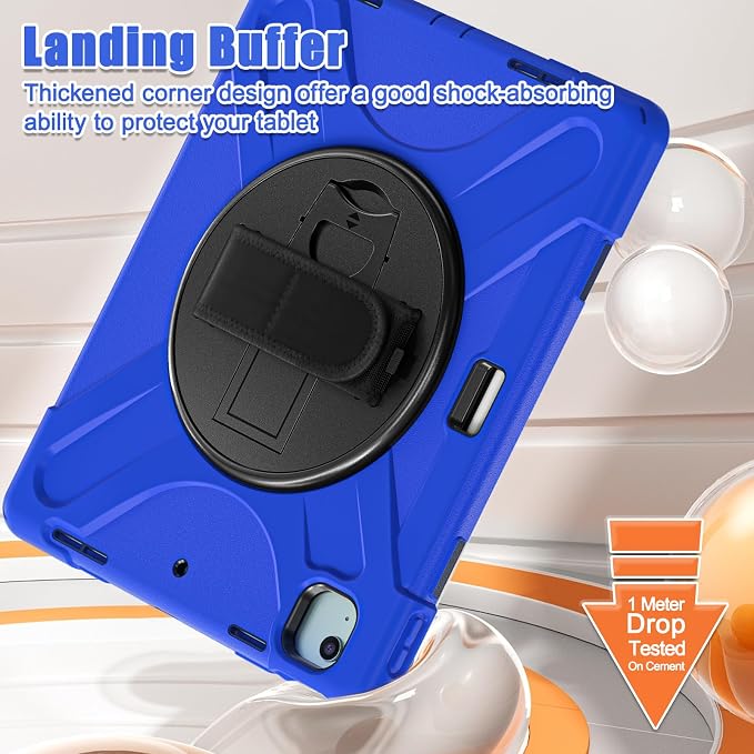 Batianda VortiGrip Case for iPad Air 11 M2/M3/M4 2024-2026 Colorful Blue | Heavy Duty Triple-Layer Rugged Case with 360° Rotating Hand Strap Foldable Hidden Stand Shoulder Strap and Pencil Holder