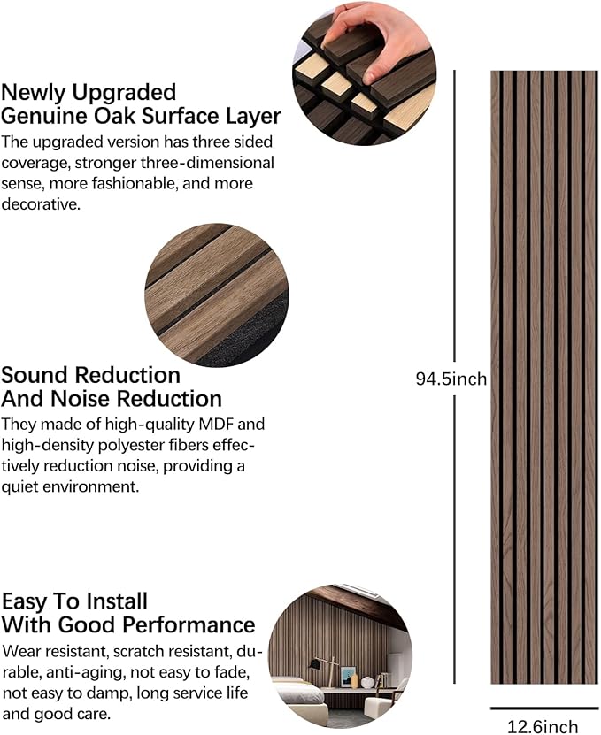 ARMURO Wood Panels for Wall - 2 PCS Wood Slat Wall Panel, Natural Walnut Veneer Acoustic Wall Panels - 12.6" W x 94.5" L
