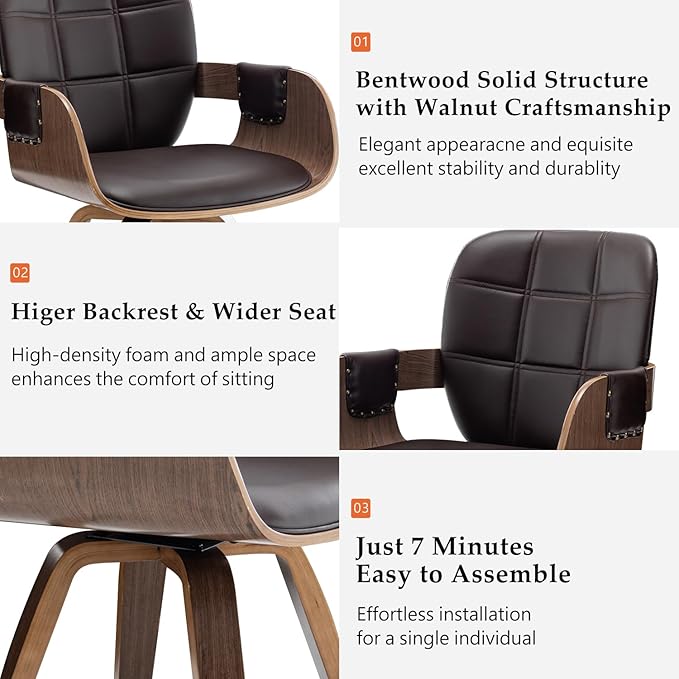 Set of 2 Swivel Walnut Dining Chairs - Mid Century Dining Chairs with Arm and Curved Back, Walnut Craftsmanship, Bentwood Structure, Perfect for Living Room/Reception/Restaurant/Kitchen (Coffee Brown)