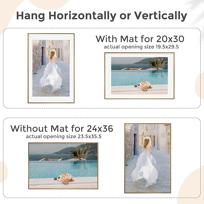 24x36 Metal Picture Frame For Wall With Mat For 20x30, 24''x36'' Aluminum Photo Frames With Tempered Glass For Home Decor, Minimalist Modern Poster Frame Horizontal And Vertical Formats, Bronze