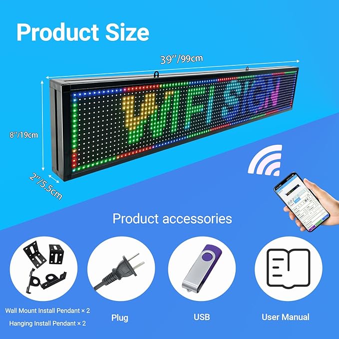 P10 Srolling LED Sign Programmable Outdoor IP65 Waterproof Led Signs, WiFi Control High Brightness Digital LED Sign Dispaly for Business Advertising, Store, Restaurant, Commercial 39”x8”