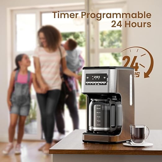 Electactic Coffee Maker, 14-Cup Programmable Drip Coffee Makers with Reusable Filter & Keep Hot Plate, Auto Pause Small Coffee Machines with Coffee Pot, Timer, Self-cleaning, for Home, Stainless Steel