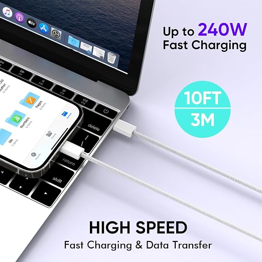 USB C to USB C 240W USB C Cable 2-Pack 10ft C to C Cable Fast Charging for MacBook Pro/MacBook Air iPad Pro/iPad Air iPhone 16 15 Pro Max Plus Samsung GalaxyCompatible 140W/100W/65W/45W/35W/20W