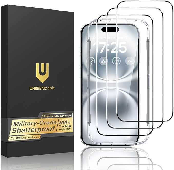 UNBREAKcable 3-Pack Screen Protector for iPhone 15 Double Shatterproof Tempered Glass [Easy Installation Frame] [99.99% HD Clear] [9H Hardness] [Full Coverage] [Case Friendly] for Apple 15 6.1 inch