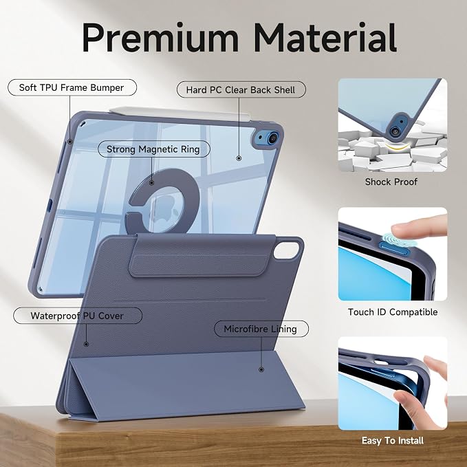 kenke Hybrid Case for iPad A16 11th Gen 11''/10th Gen 10.9'' Black | Detachable Magnetic Portrait/Landscape Stand Cover Magnetic Rotating Hard Clear PC Back Auto Wake/Sleep Support Touch ID