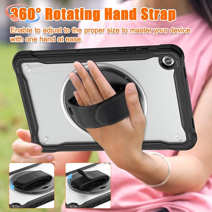 Junfire Clear Case for Samsung Galaxy Tab A9 Plus 11-inch 2023 Shockproof Slim Hard Case for Galaxy Tab A9+ with 360°Rotating Kickstand/Hand Strap/Shoulder Strap-Black