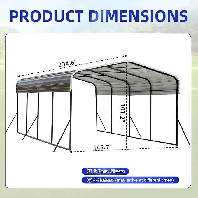 12x20 Metal Carport with Base Fixings Heavy Duty Garage Outdoor Chrome Plated Frame and Sheet Metal Construction Suitable for Boats, Cars, Tractors and Agricultural Equipment, Light Gray