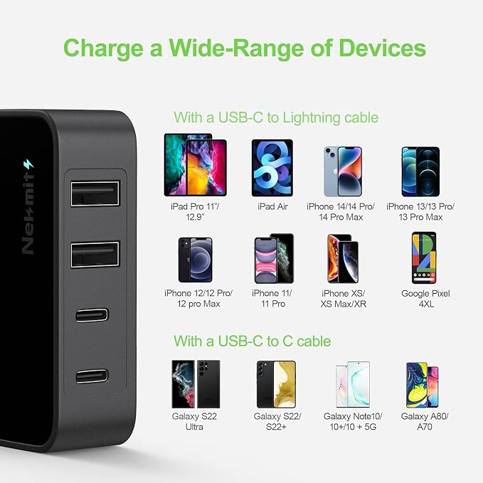 Nekmit USB C Charger Fast Thin Flat 52W 4-Port Wall Charger with Two 20W Power Delivery and 2 USB Port for iPhone 14/14 Pro/14 Pro Max Galaxy Pixel iPad Pro AirPods Pro and More Upgraded