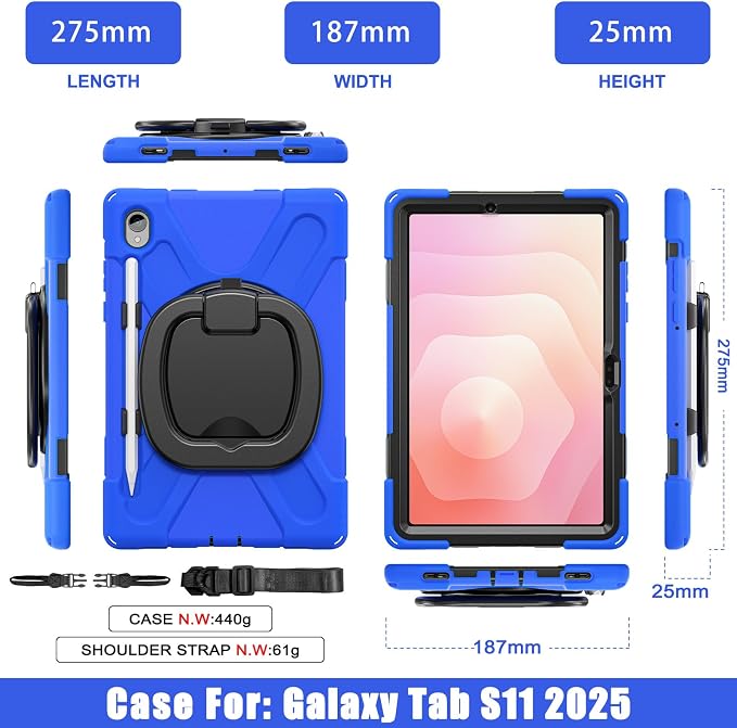 Batianda Heavy Duty Case for Samsung Galaxy Tab S11 2025 11 Inch with 360° Rotating Ring Stand &amp Shoulder Strap Built-in S Pen Holder Shockproof Rugged Multi-Layer Protective Cover Black