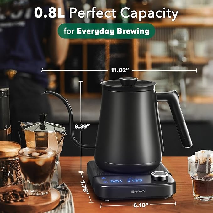 Gooseneck Electric Kettle HIYAKOI with ±1℉ Temperature Control, Pour Over Kettle for Coffee & Tea, 1200W Rapid Heating, Stainless Steel Water Boiler with 12H Keep Warm & Built-in Timer, 0.8L/27oz
