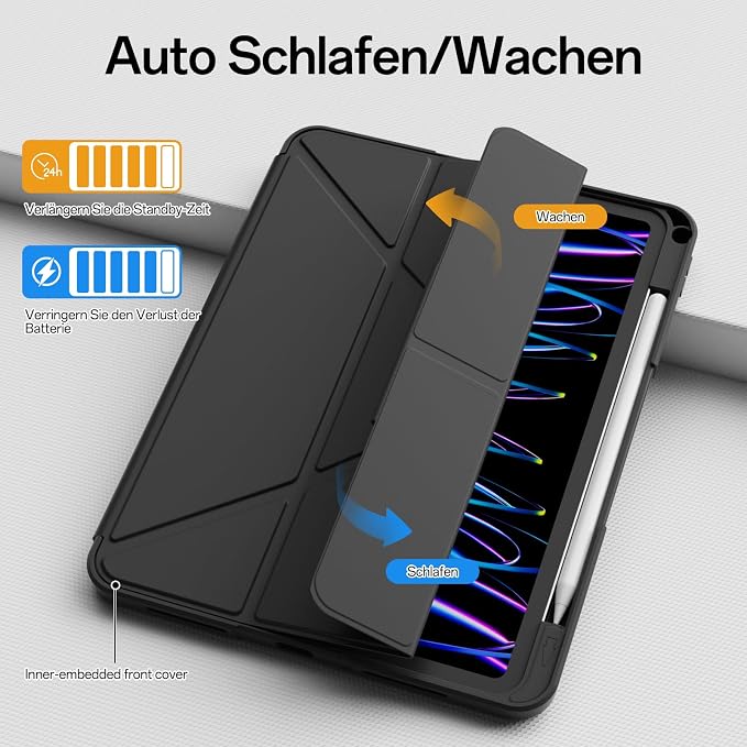 Case for iPad Pro 11 inch (4th/3rd/2nd Generation) 2022/2021/2020 | Y-Stand Shockproof Protective Cover with Pencil Holder Multi-Angle Stand Clear Hard Back (Black)