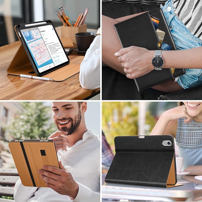 DTTO for iPad (A16) 11th Generation 11-inch &amp 10th Gen Case Brown | Premium Leather Business Cover with Pencil Holder Hand Strap &amp Pocket Corner Protection Auto Sleep/Wake for Work &amp