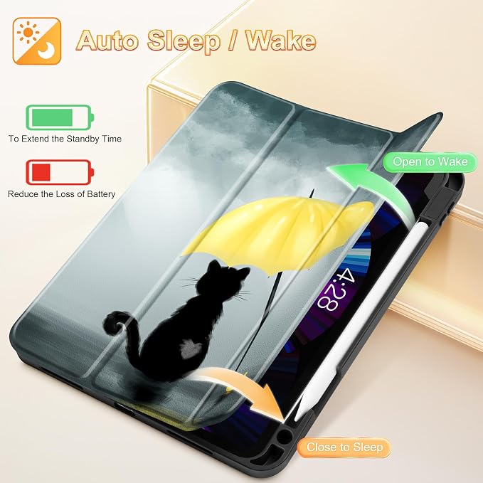 Tuiklol for iPad Pro 11 Inch 4th / 3rd / 2nd / 1st Gen Case 2022 2021 2020 | 2018 Build-in Pencil Holder with Stand TPU Back Cover &amp Trifold Stand &amp Auto Wake/Sleep Tablet Case Black Cat