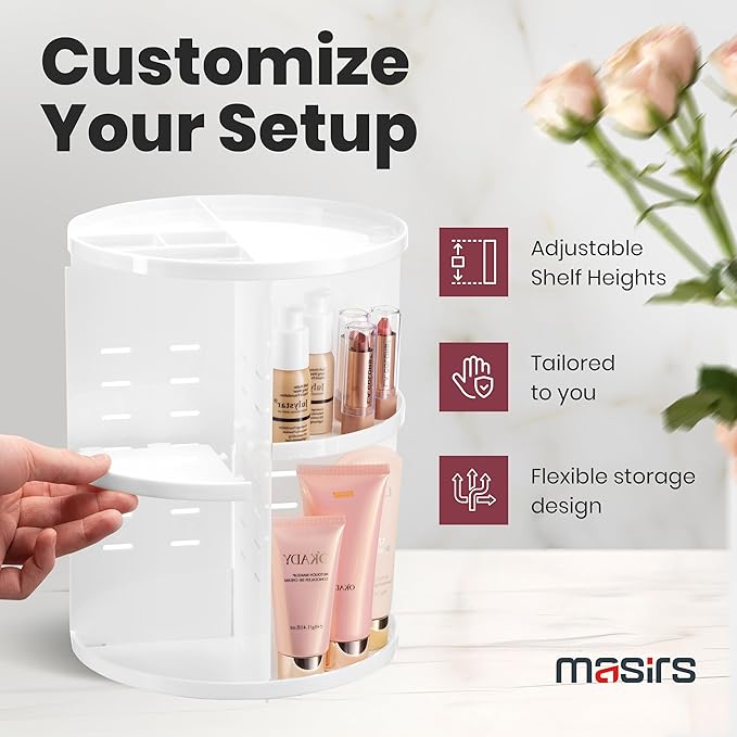 Masirs 360 Rotating Makeup Organizer - Adjustable Shelf Height and Fully Rotatable. The Perfect Cosmetic Organizer for Bedroom Dresser or Vanity Countertop. (White)