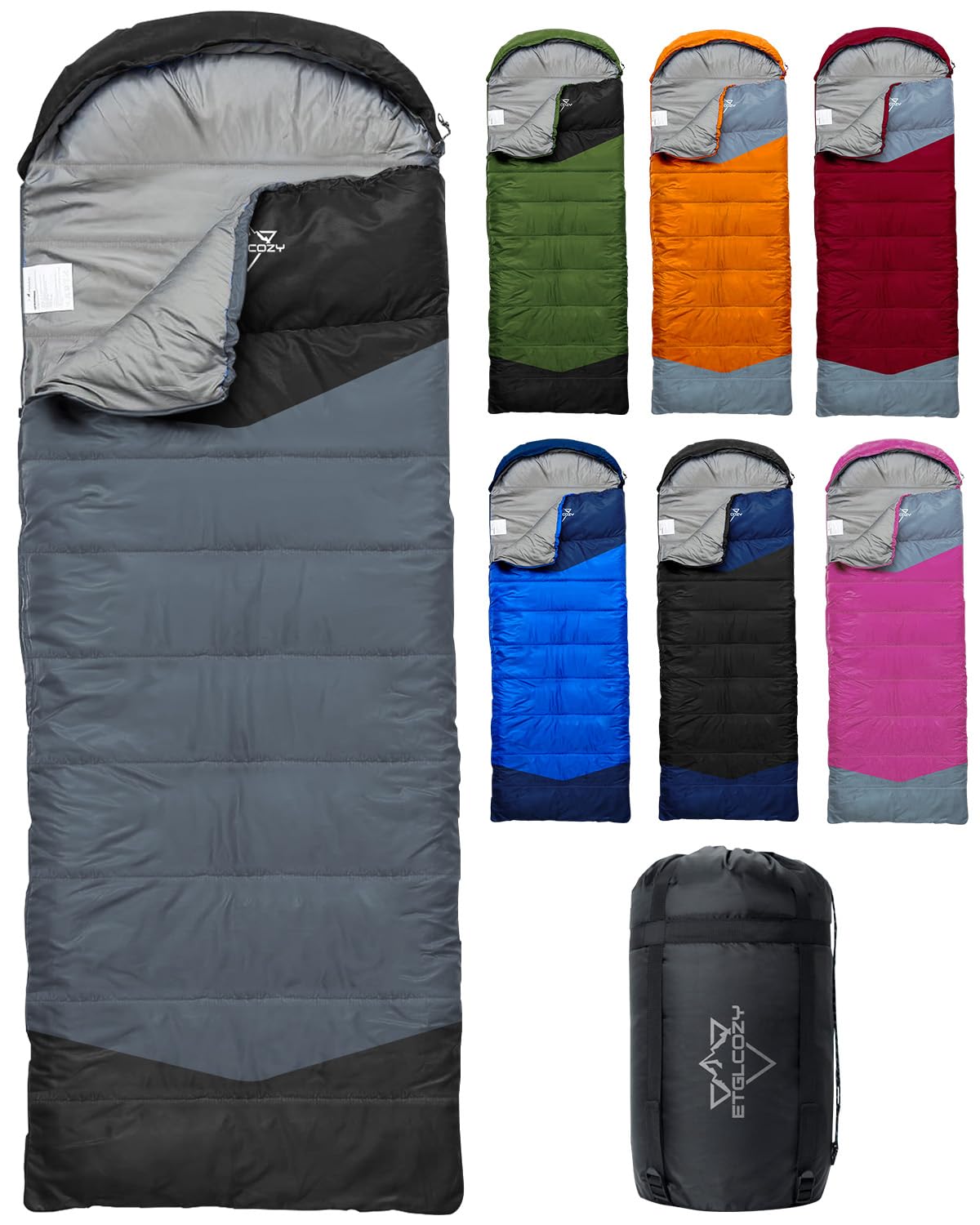 ETGLCOZY Lightweight 3-Season Sleeping Bag for Adults/Kids Camping, Compact w/Compression Sack, Waterproof Ripstop, Portable for Backpacking Hiking Travel, 50-80°F, Gray/Black