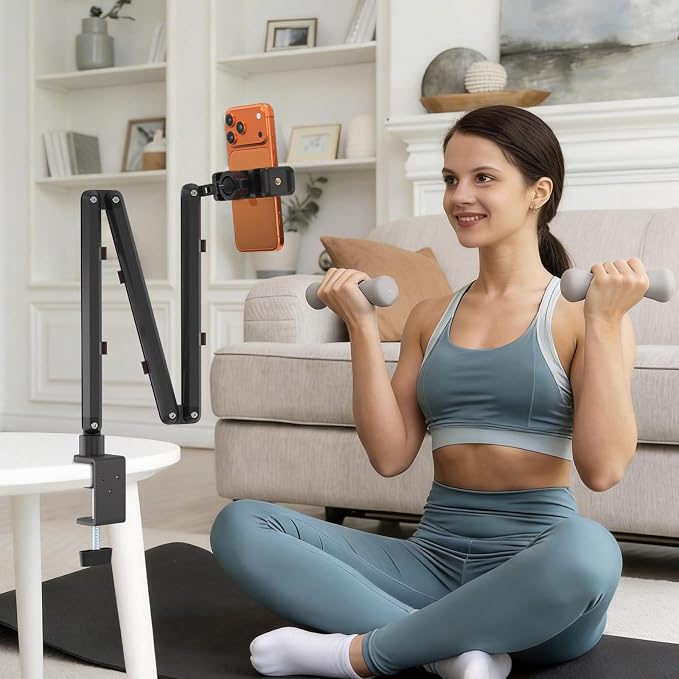 Wall Mount Phone HolderPhone Holder for Desk Bed3-Stage Aluminium iPhone StandFoldable Extendable Arms Heavy Duty Drilling BaseCompatible with 3.5~7.5 iPhone/HTC/LG/Huawei/Galaxy/Smartphones