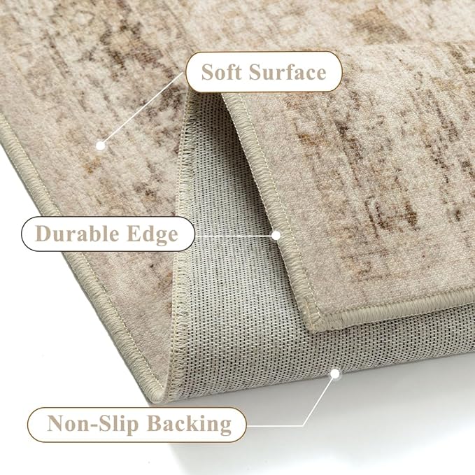 Beige 2x3 Entryway Area Rug Machine Washable Doormat Kitchen Vintage Distressed Non Slip Carpet Indoor Traditional Floral Accent Throw Small Rug for Bathroom Office Bedroom Living Dining Room